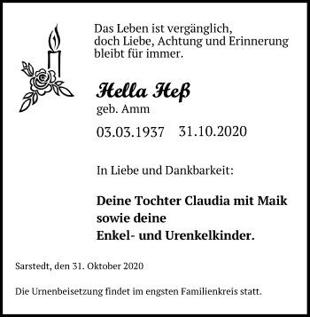 Traueranzeige von Hella Heß von Ostsee-Zeitung GmbH
