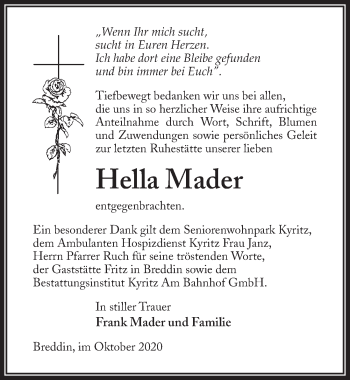 Traueranzeige von Hella Mader von Märkischen Allgemeine Zeitung