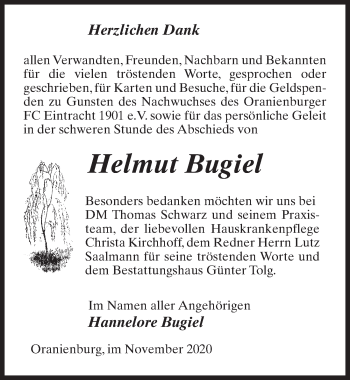 Traueranzeige von Helmut Bugiel von Märkischen Allgemeine Zeitung