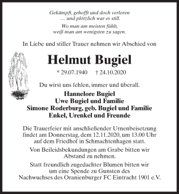 Traueranzeige von Helmut Bugiel von Märkischen Allgemeine Zeitung