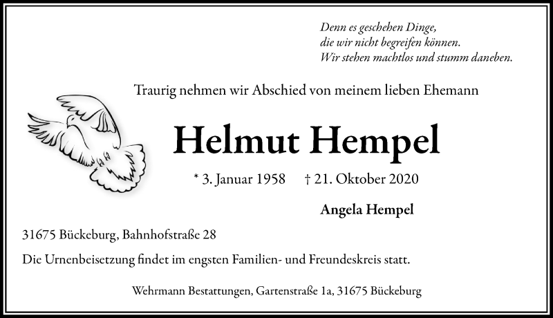  Traueranzeige für Helmut Hempel vom 07.11.2020 aus Schaumburger Nachrichten