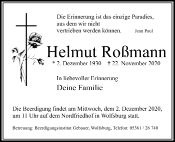 Traueranzeige von Helmut Roßmann von Aller Zeitung
