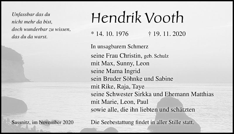  Traueranzeige für Hendrik Vooth vom 28.11.2020 aus Ostsee-Zeitung GmbH