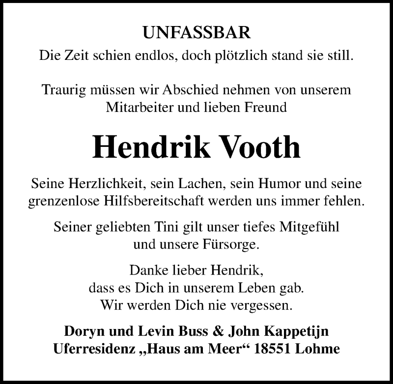  Traueranzeige für Hendrik Vooth vom 28.11.2020 aus Ostsee-Zeitung GmbH