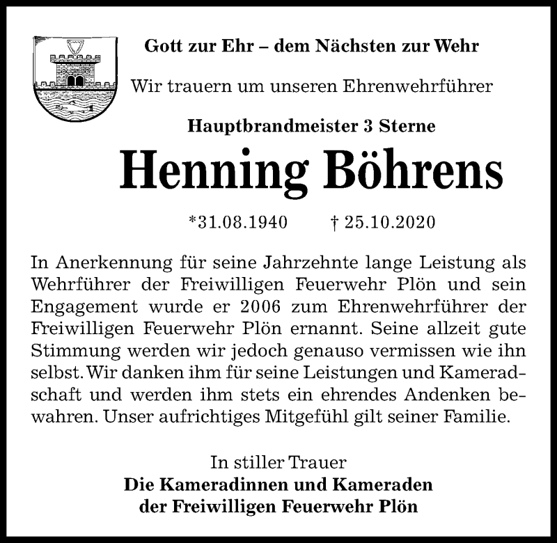  Traueranzeige für Henning Böhrens vom 10.11.2020 aus Kieler Nachrichten