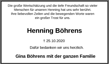 Traueranzeige von Henning Böhrens von Kieler Nachrichten