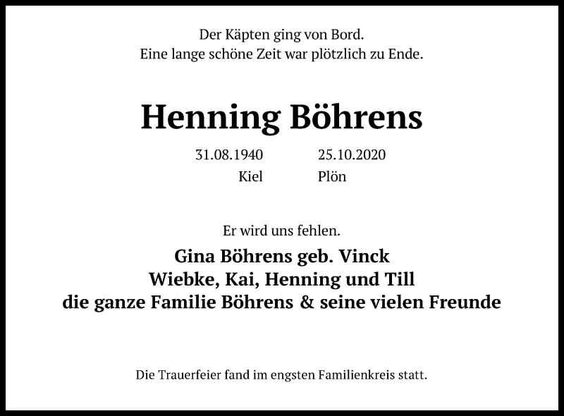  Traueranzeige für Henning Böhrens vom 07.11.2020 aus Kieler Nachrichten