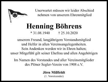 Traueranzeige von Henning Böhrens von Kieler Nachrichten