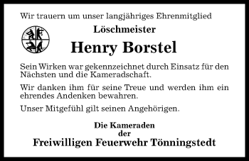 Traueranzeige von Henry Borstel von Kieler Nachrichten