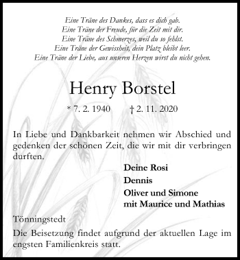 Traueranzeige von Henry Borstel von Kieler Nachrichten