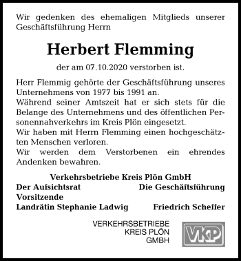 Traueranzeige von Herbert Flemming von Kieler Nachrichten