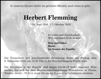 Traueranzeige von Herbert Flemming von Kieler Nachrichten