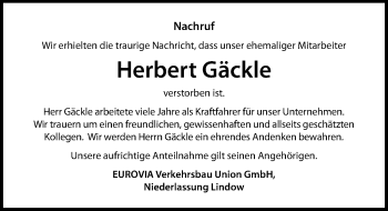 Traueranzeige von Herbert Gäckle von Märkischen Allgemeine Zeitung