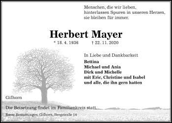 Traueranzeige von Herbert Mayer von Aller Zeitung