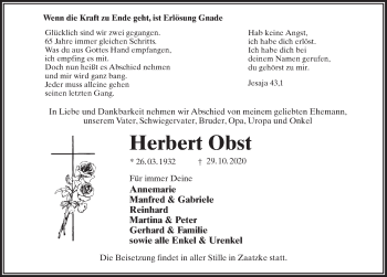 Traueranzeige von Herbert Obst von Märkischen Allgemeine Zeitung