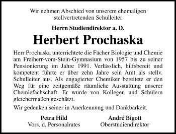 Traueranzeige von Herbert Prochaska von Lübecker Nachrichten