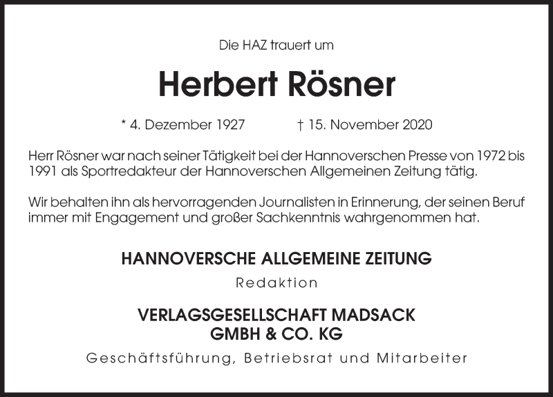  Traueranzeige für Herbert Rösner vom 21.11.2020 aus Hannoversche Allgemeine Zeitung/Neue Presse