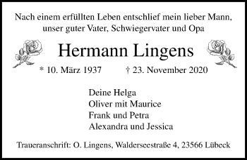 Traueranzeige von Hermann Lingens von Lübecker Nachrichten