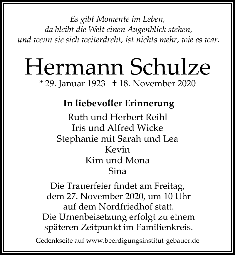  Traueranzeige für Hermann Schulze vom 21.11.2020 aus Aller Zeitung
