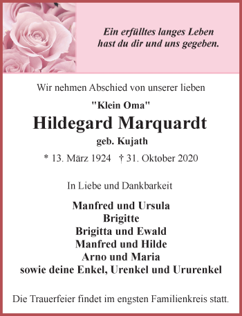 Traueranzeige von Hildegard Marquardt von Ostsee-Zeitung GmbH