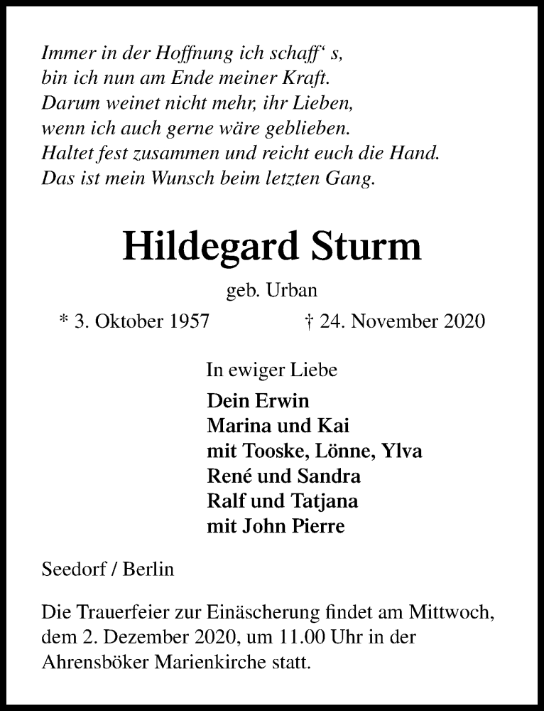  Traueranzeige für Hildegard Sturm vom 28.11.2020 aus Lübecker Nachrichten