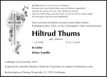 Traueranzeige von Hiltrud Thums von Göttinger Tageblatt