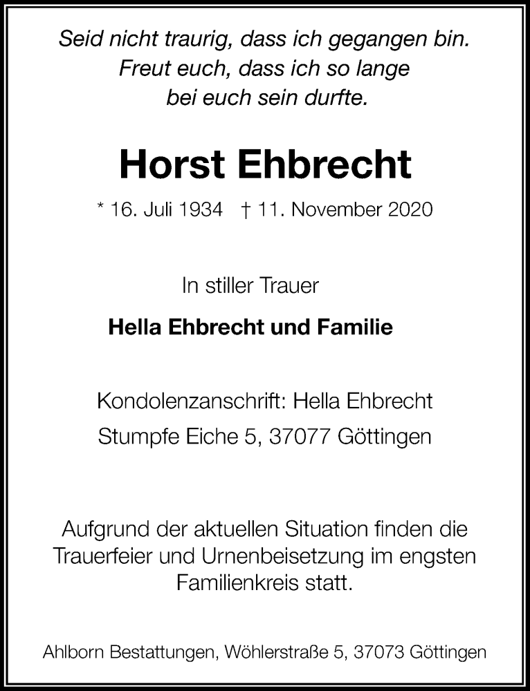 Traueranzeige für Horst Ehbrecht vom 21.11.2020 aus Göttinger Tageblatt