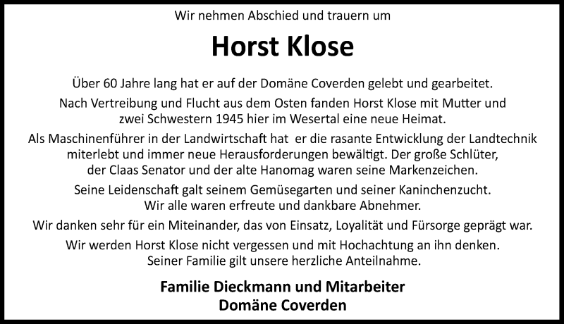  Traueranzeige für Horst Klose vom 21.11.2020 aus Schaumburger Nachrichten