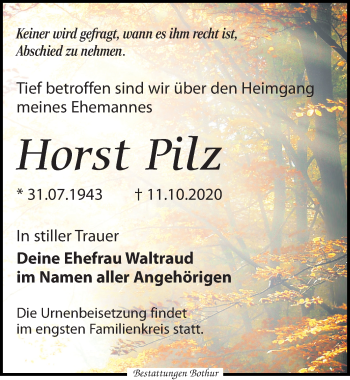 Traueranzeige von Horst Pilz von Leipziger Volkszeitung