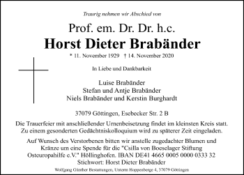 Traueranzeige von Horst Dieter Brabänder von Göttinger Tageblatt