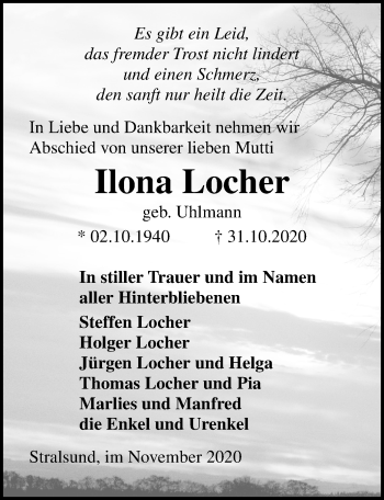 Traueranzeige von Ilona Locher von Ostsee-Zeitung GmbH