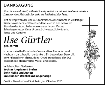 Traueranzeige von Ilse Gürtler von Leipziger Volkszeitung