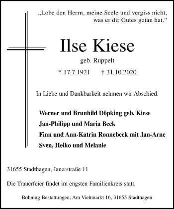 Traueranzeige von Ilse Kiese von Schaumburger Nachrichten