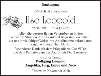 Traueranzeige von Ilse Leopold von Märkischen Allgemeine Zeitung