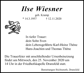 Traueranzeige von Ilse Wiesner von Göttinger Tageblatt