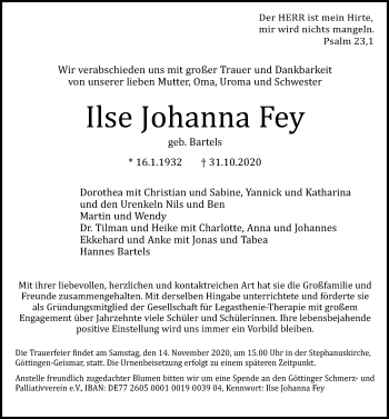 Traueranzeige von Ilse Johanna Fey von Göttinger Tageblatt