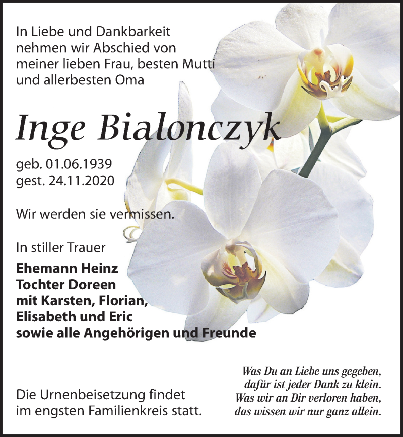  Traueranzeige für Inge Bialonczyk vom 28.11.2020 aus Leipziger Volkszeitung
