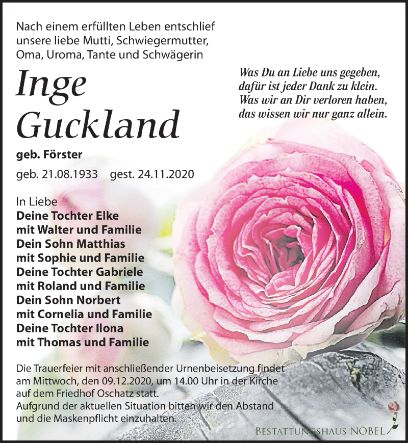  Traueranzeige für Inge Guckland vom 28.11.2020 aus Leipziger Volkszeitung