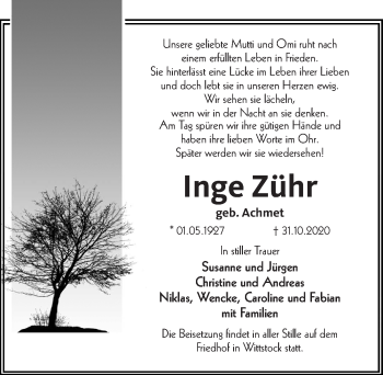 Traueranzeige von Inge Zühr von Märkischen Allgemeine Zeitung