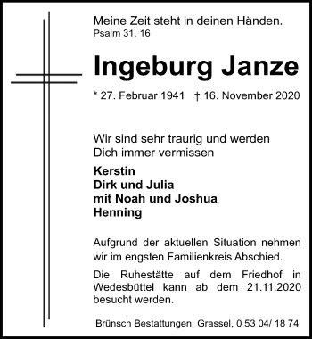 Traueranzeige von Ingeburg Janze von Aller Zeitung