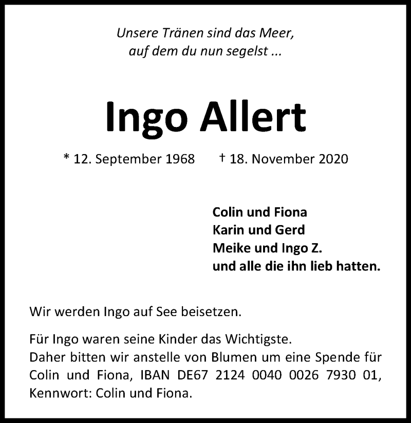  Traueranzeige für Ingo Allert vom 28.11.2020 aus Kieler Nachrichten