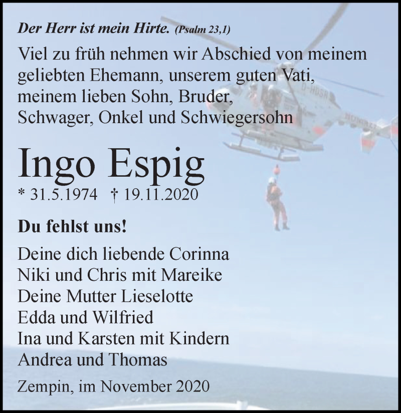  Traueranzeige für Ingo Espig vom 28.11.2020 aus Ostsee-Zeitung GmbH