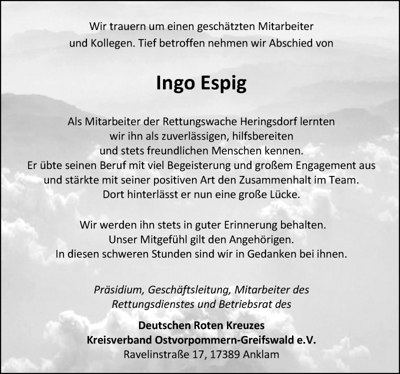 Traueranzeige für Ingo Espig vom 28.11.2020 aus Ostsee-Zeitung GmbH