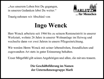 Traueranzeige von Ingo Wenck von Lübecker Nachrichten