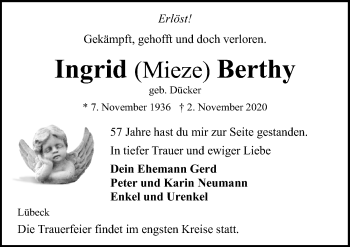 Traueranzeige von Ingrid  Berthy von Lübecker Nachrichten