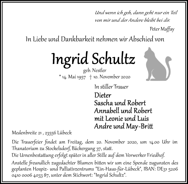  Traueranzeige für Ingrid Schultz vom 15.11.2020 aus Lübecker Nachrichten