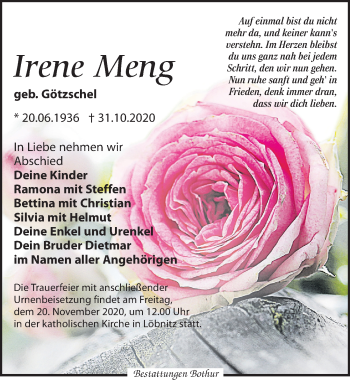 Traueranzeige von Irene Meng von Leipziger Volkszeitung