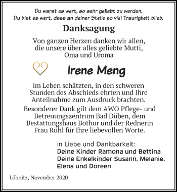 Traueranzeige von Irene Meng von Leipziger Volkszeitung