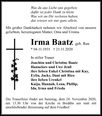 Traueranzeige von Irma Baatz