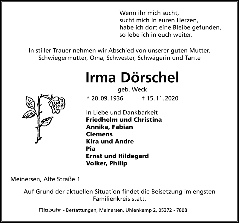  Traueranzeige für Irma Dörschel vom 21.11.2020 aus Aller Zeitung